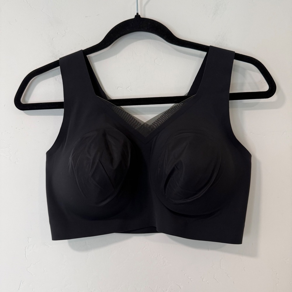 Evelyn & Bobbie Womens Defy Bra Large Black Excellent Seamless Mesh V-Neck